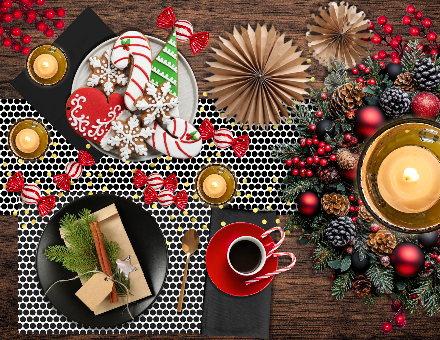 Black Polka Dot Polyester Placemats | Christmas Holiday Dining Décor, Bold Festive Farmhouse Washable Table Mat Set