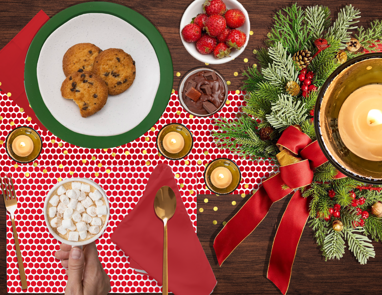 Red Polka Dot Polyester Placemats | Christmas Holiday Dining Décor, Bold Festive Farmhouse Washable Table Mat Set