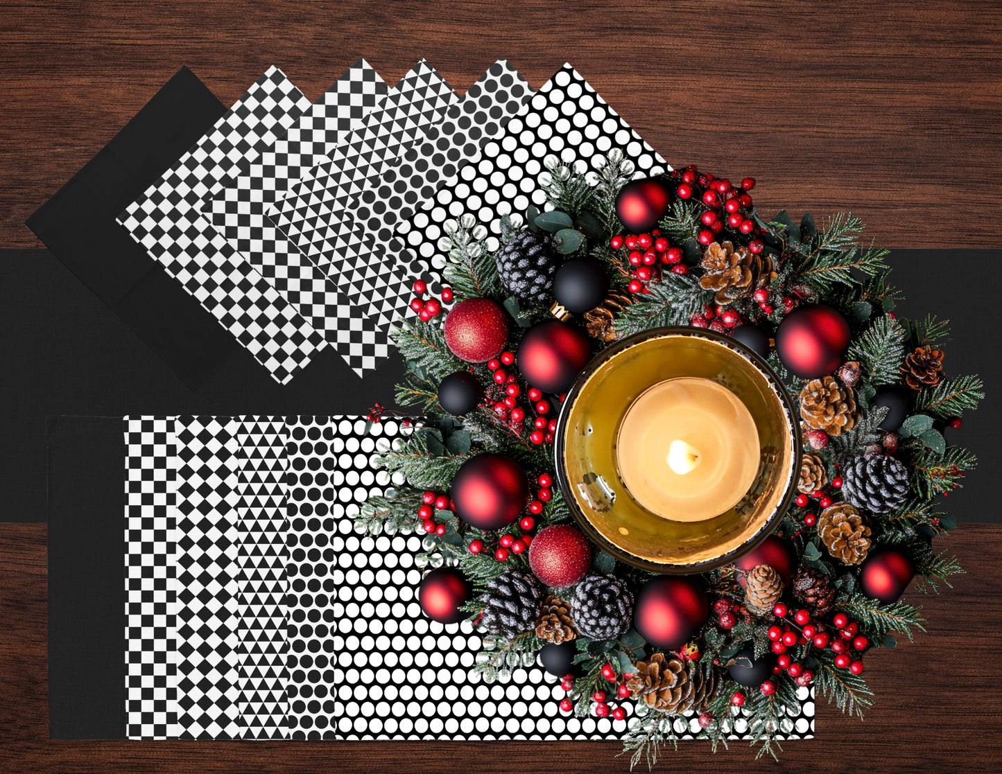 Black Christmas Table Runner | Washable Holiday Dining Decor, Modern Elegant Style