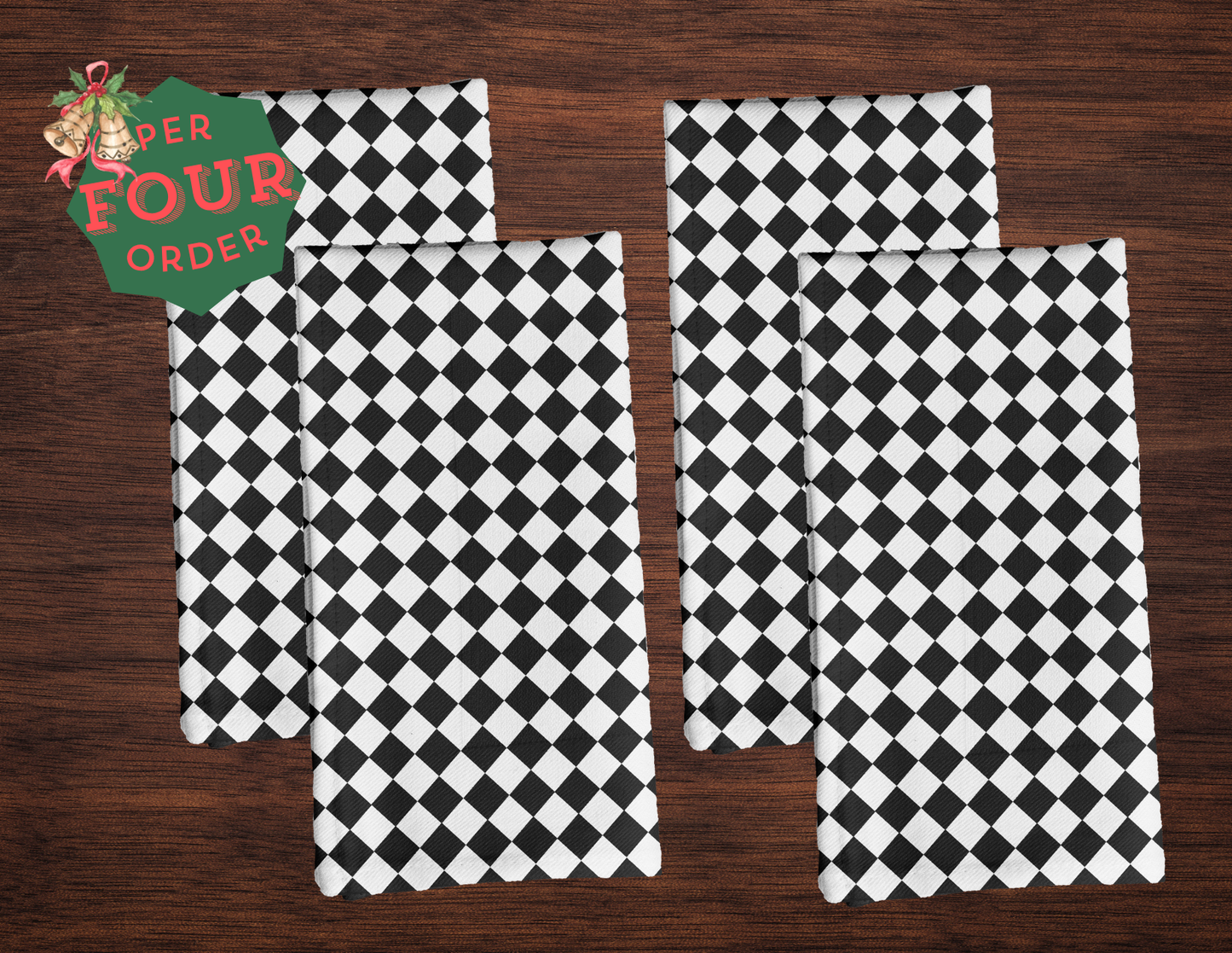 Black & White Argyle Polyester Napkins | Christmas Holiday Cloth Napkin Set, Elegant Farmhouse Dining Décor