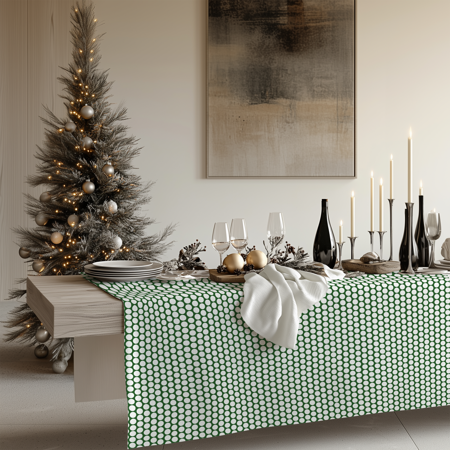 White Polka Dots on Green Square/Rectangle Tablecloths