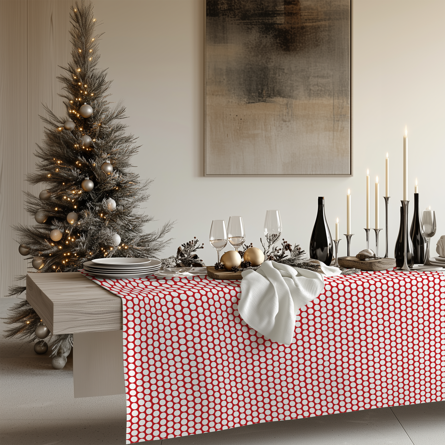 White Polka Dots on Red Square/Rectangle Tablecloths