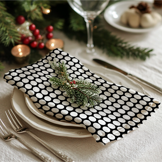 White Polka Dots on Black Cotton Twill Napkin