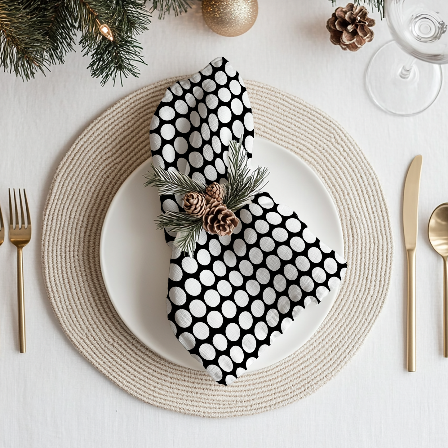 White Polka Dots on Black Cotton Twill Napkin