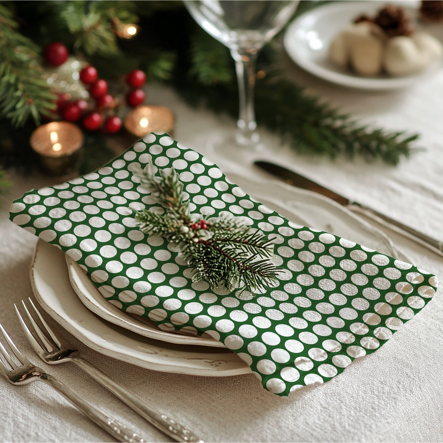 White Polka Dots on Green Cotton Twill Napkin