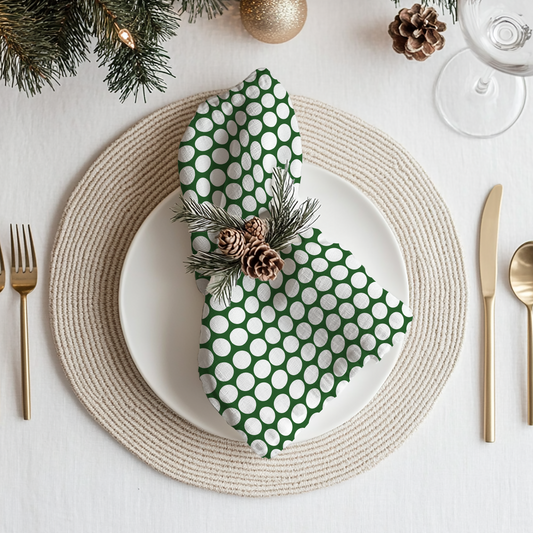 White Polka Dots on Green Cotton Twill Napkin