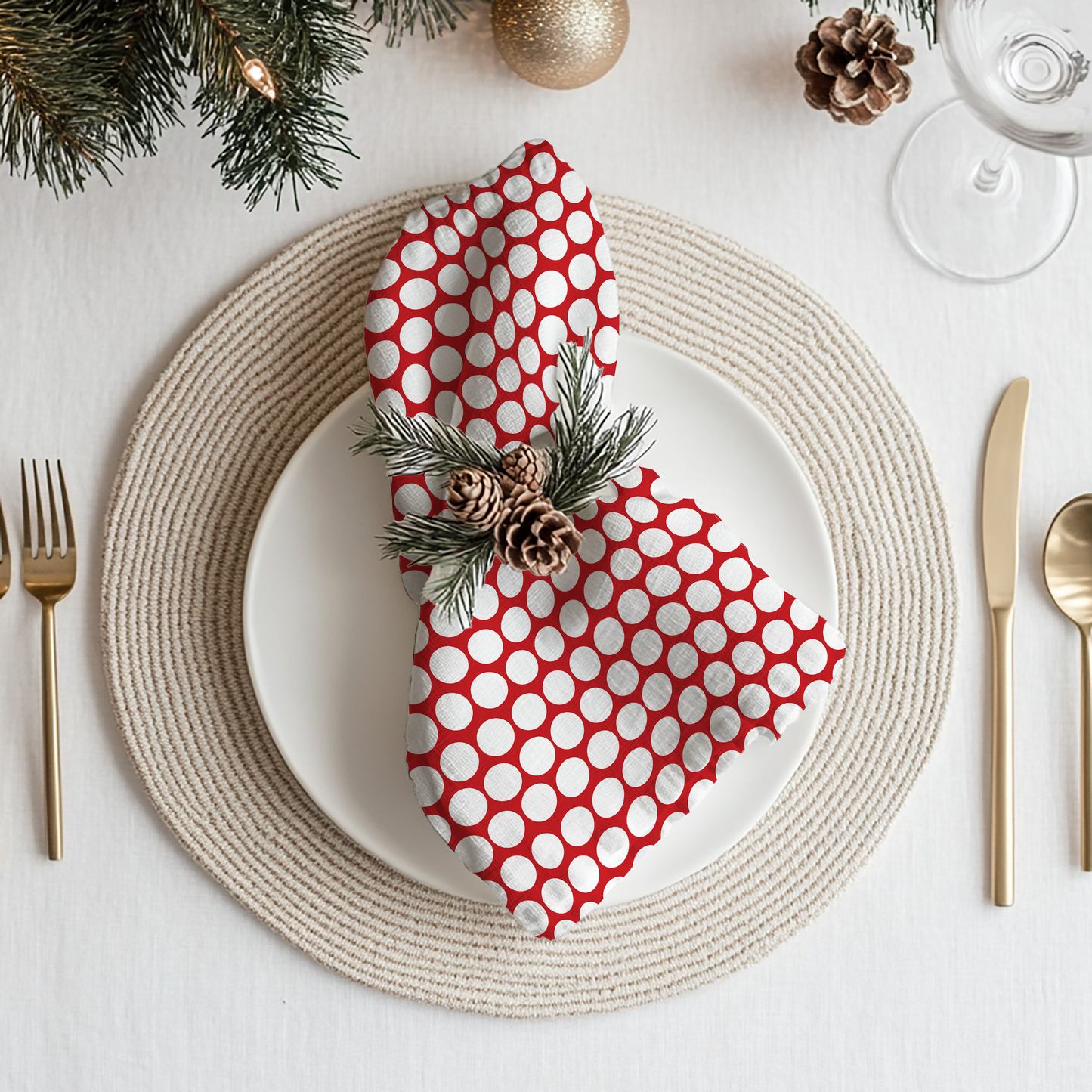 White Polka Dots on Red Cotton Twill Napkin