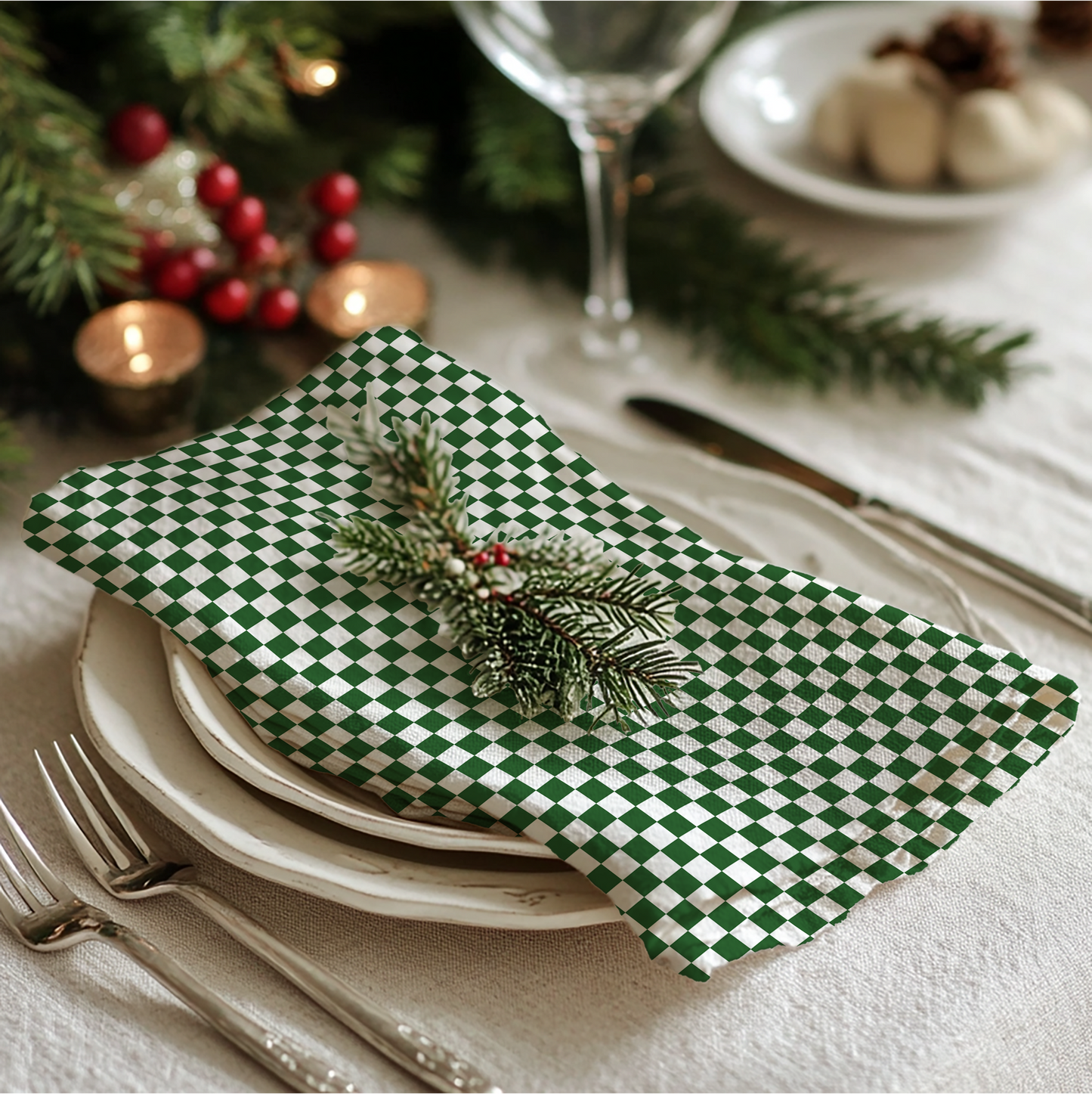 Green Checkered Cotton Twill Napkin