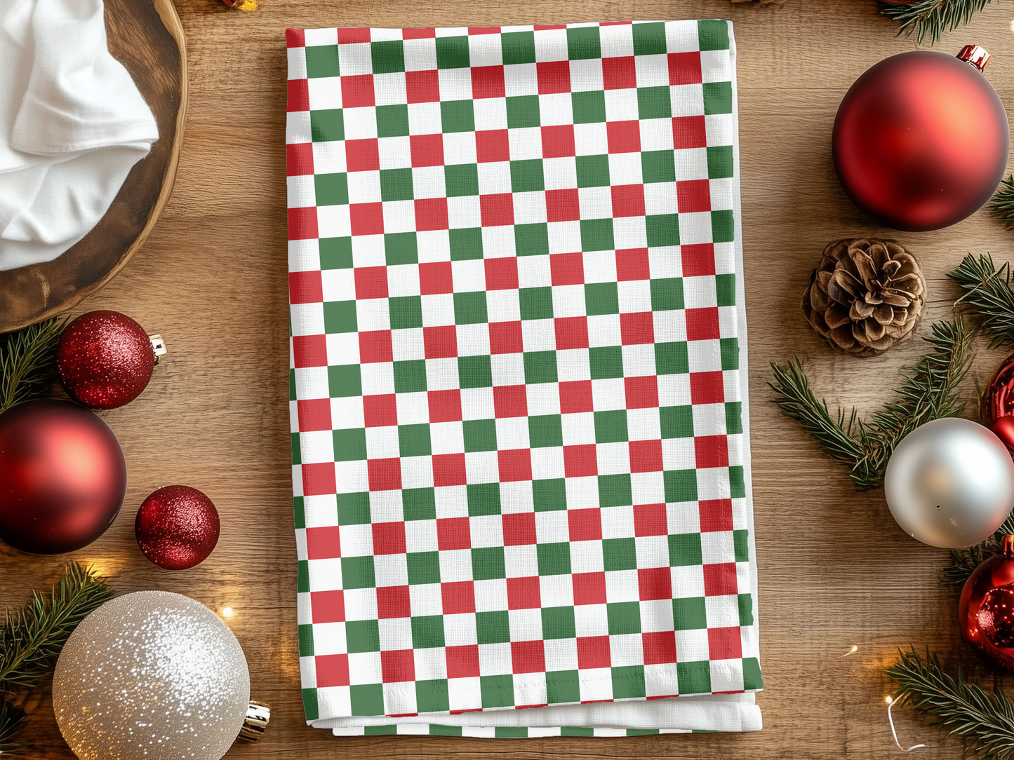 Red Green & White Gingham Christmas Hand Towel | Soft Cotton Back, Printed Polyester Front, Festive Kitchen Bath Décor
