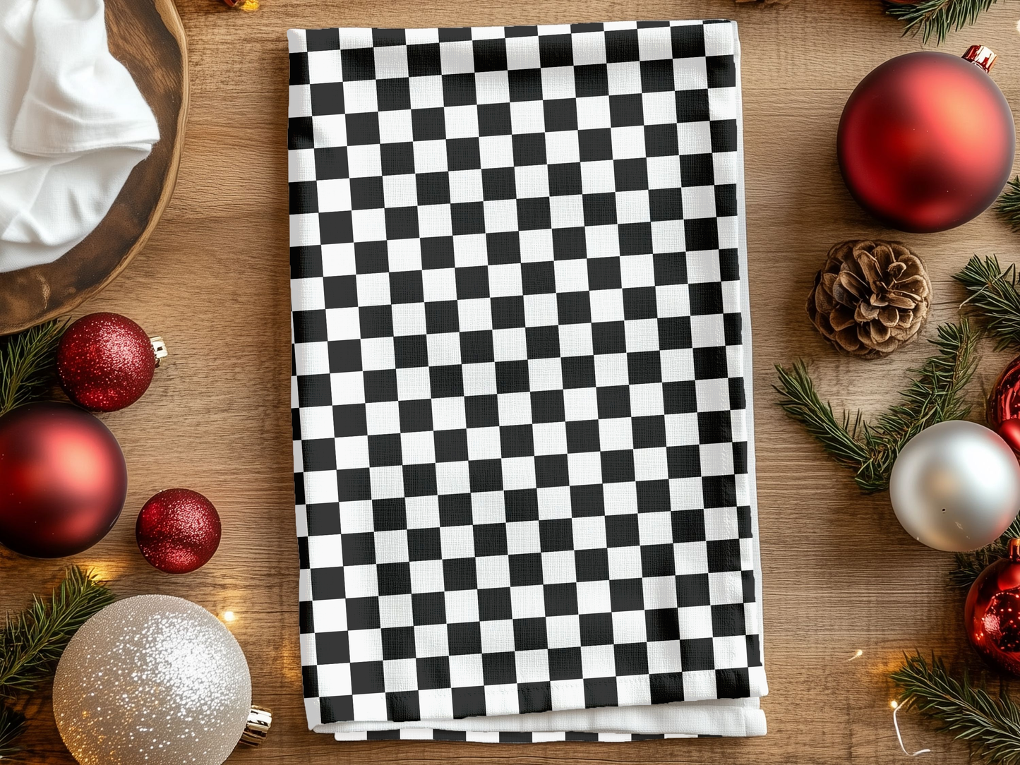 Black & White Check Holiday Hand Towel | Soft Cotton Back, Polyester Front, Festive Home Décor