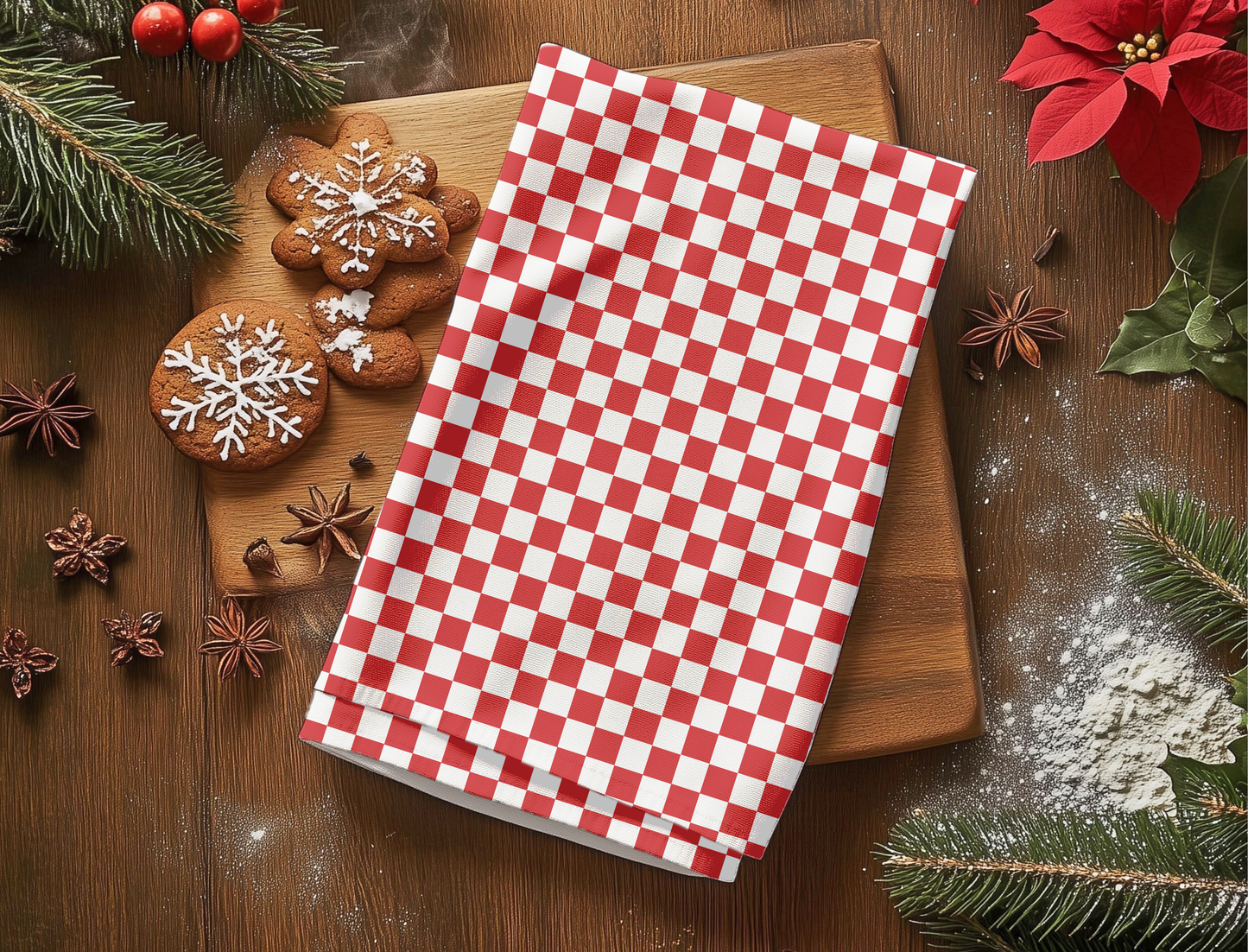 Red & White Check Holiday Hand Towel | Soft Cotton Back, Polyester Front, Festive Home Décor