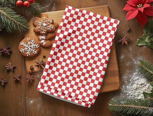 Red & White Check Holiday Hand Towel | Soft Cotton Back, Polyester Front, Festive Home Décor