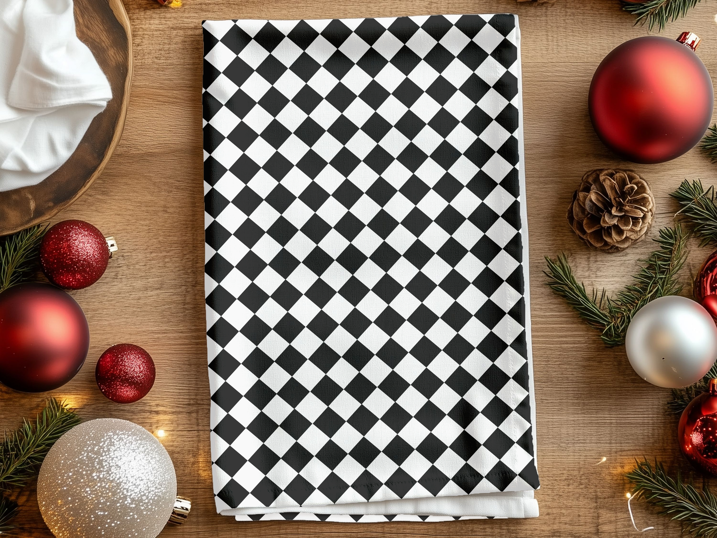 Black & White Argyle Holiday Hand Towel | Soft Cotton Back, Polyester Front, Festive Home Décor