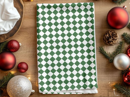 Green & White Argyle Holiday Hand Towel | Soft Cotton Back, Polyester Front, Festive Home Décor