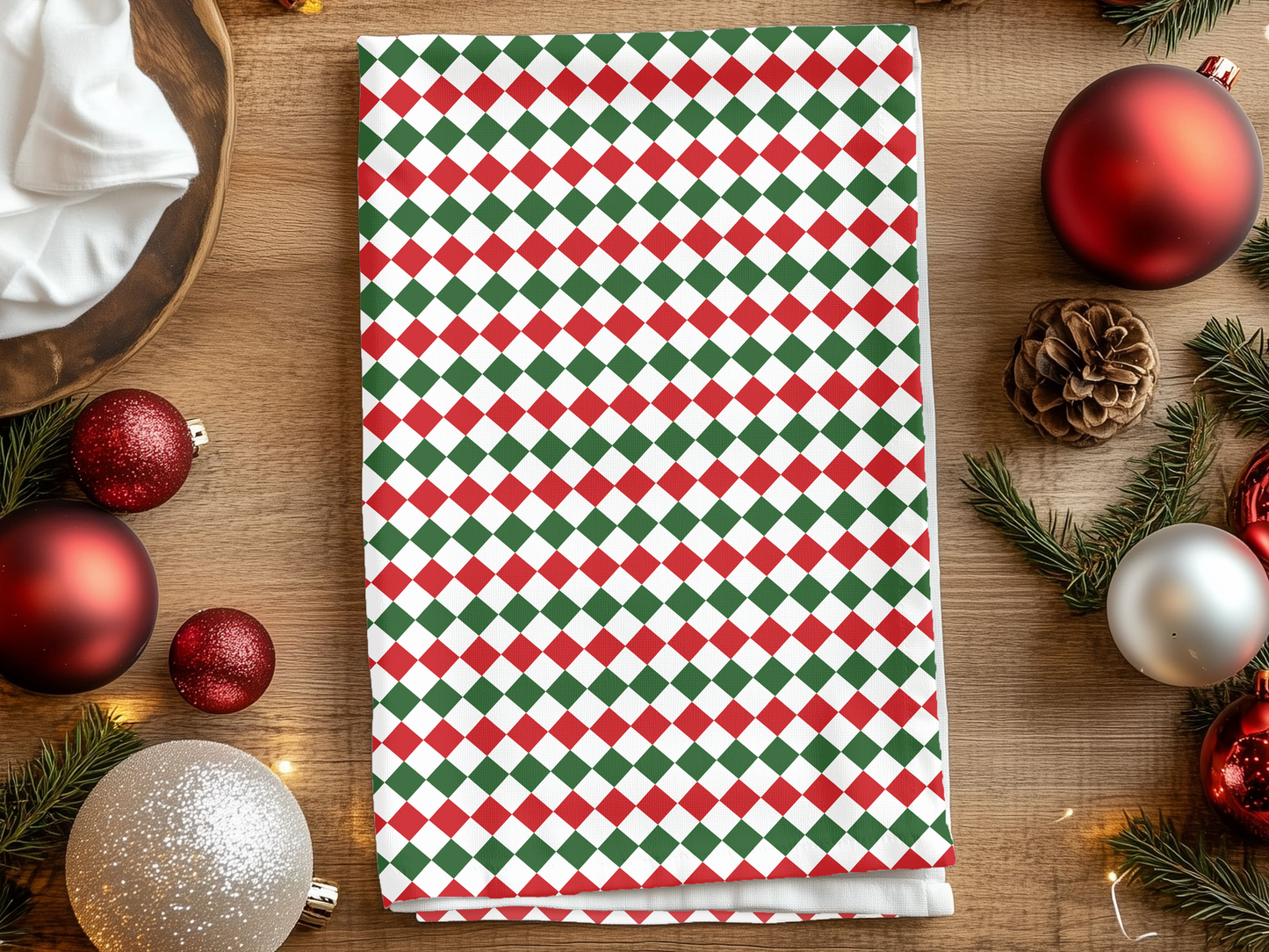 Red Green & White Argyle Holiday Hand Towel | Soft Cotton Back, Polyester Front, Festive Home Décor