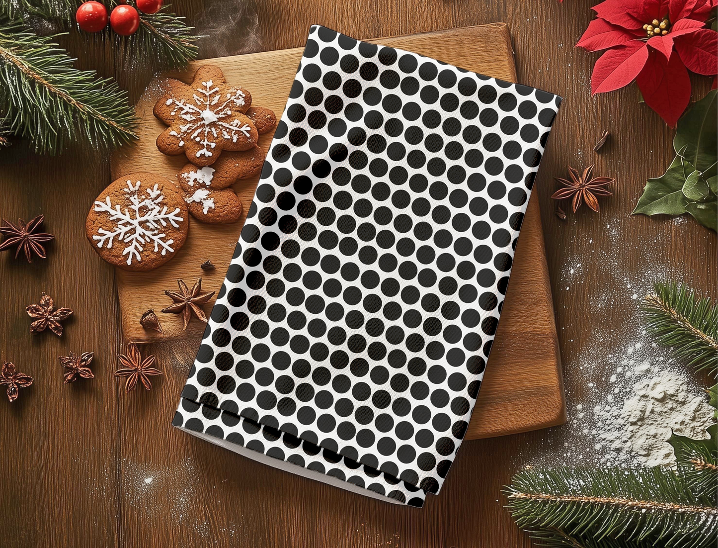 Black Polka Dot Holiday Hand Towel | Soft Cotton Back, Polyester Front, Festive Home Décor