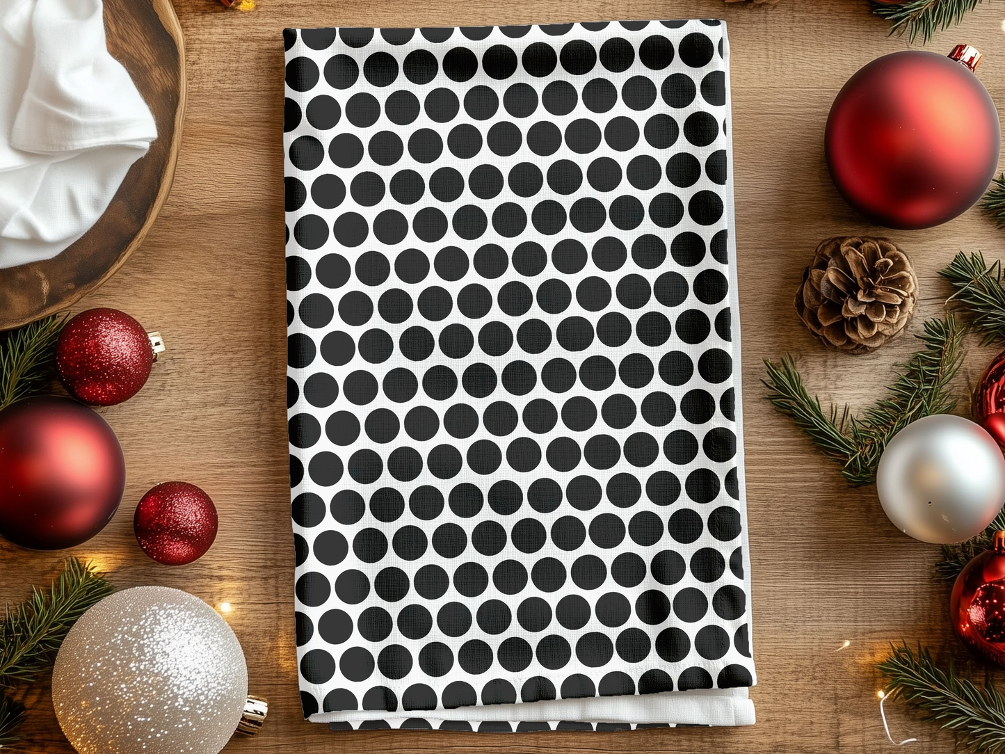 Black Polka Dot Holiday Hand Towel | Soft Cotton Back, Polyester Front, Festive Home Décor