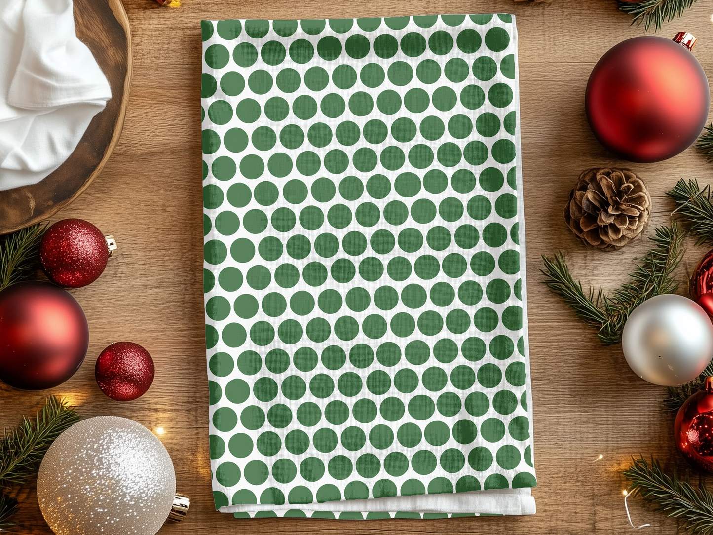 Green Polka Dot Holiday Hand Towel | Soft Cotton Back, Polyester Front, Festive Home Décor