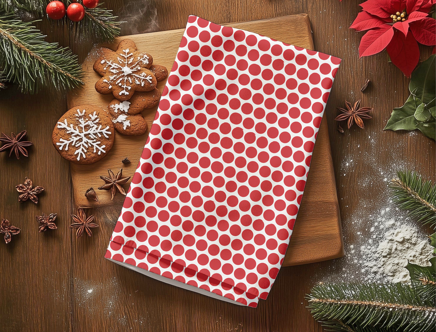 Red Polka Dot Holiday Hand Towel | Soft Cotton Back, Polyester Front, Festive Home Décor