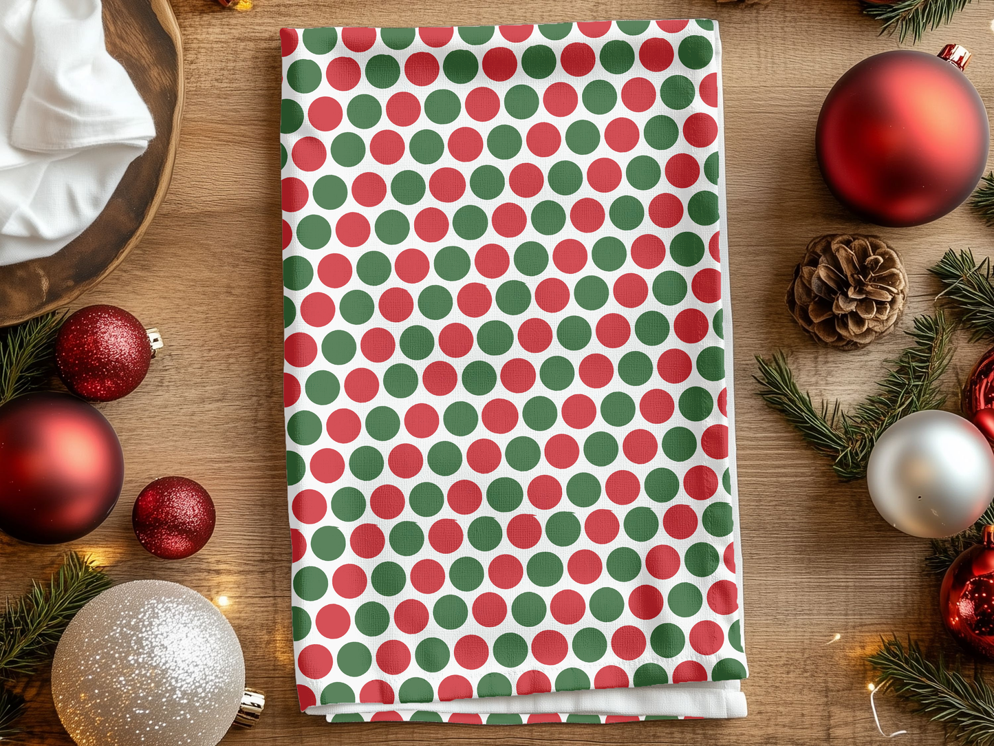 Red & Green Polka Dot Party Christmas Hand Towel | Soft Cotton Back, Printed Polyester Front, Festive Kitchen/Bath Décor