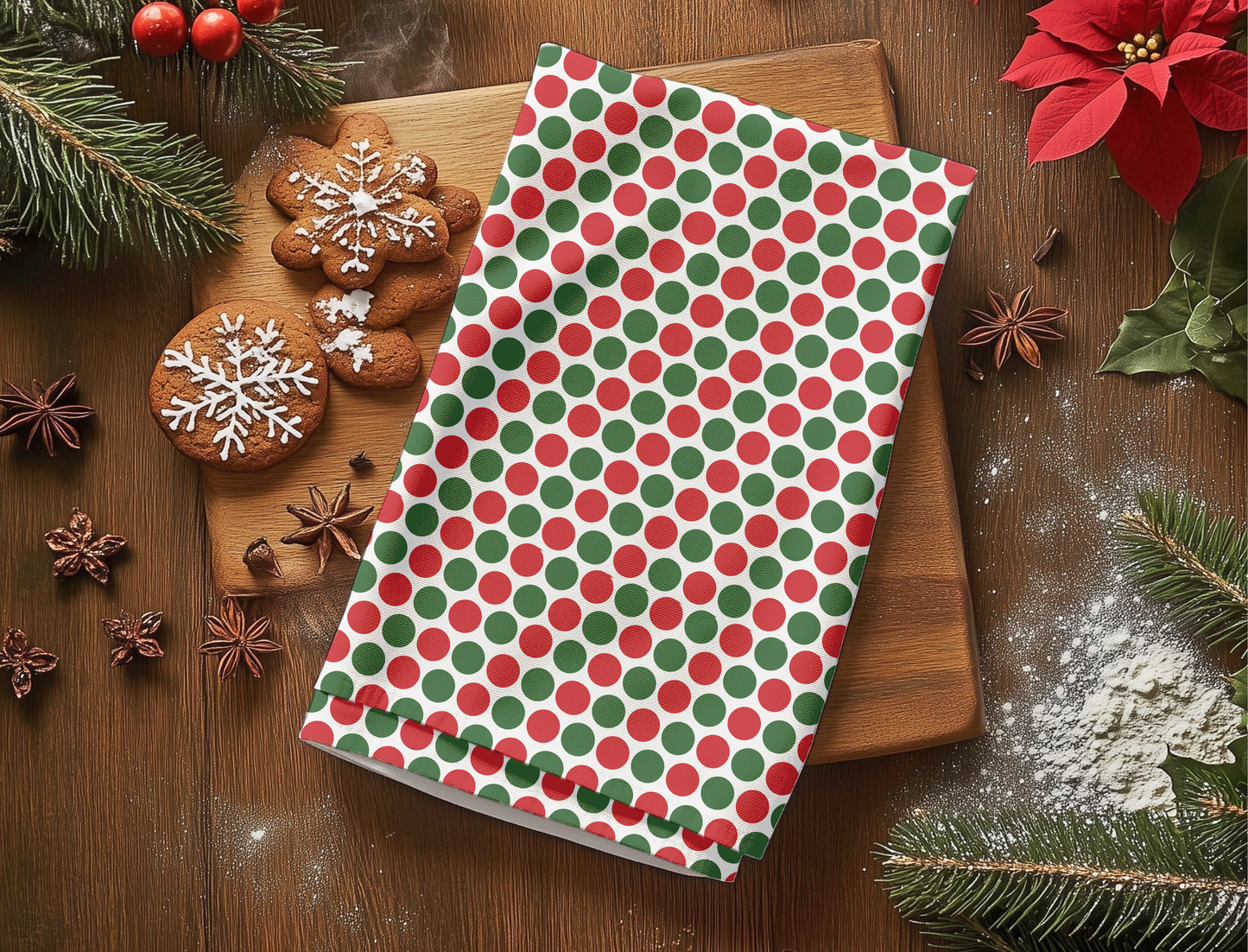 Red & Green Polka Dot Party Christmas Hand Towel | Soft Cotton Back, Printed Polyester Front, Festive Kitchen/Bath Décor