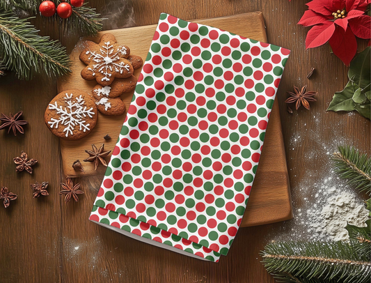Red & Green Polka Dot Party Christmas Hand Towel | Soft Cotton Back, Printed Polyester Front, Festive Kitchen/Bath Décor