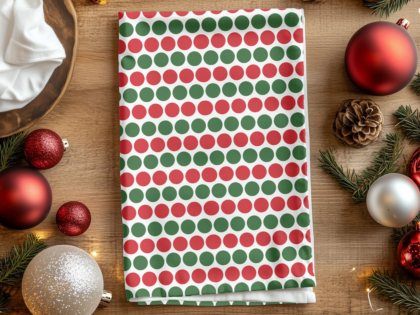 Red & Green Polka Dot Striped Christmas Hand Towel | Soft Cotton Back, Printed Polyester Front, Festive Kitchen, Bath Décor