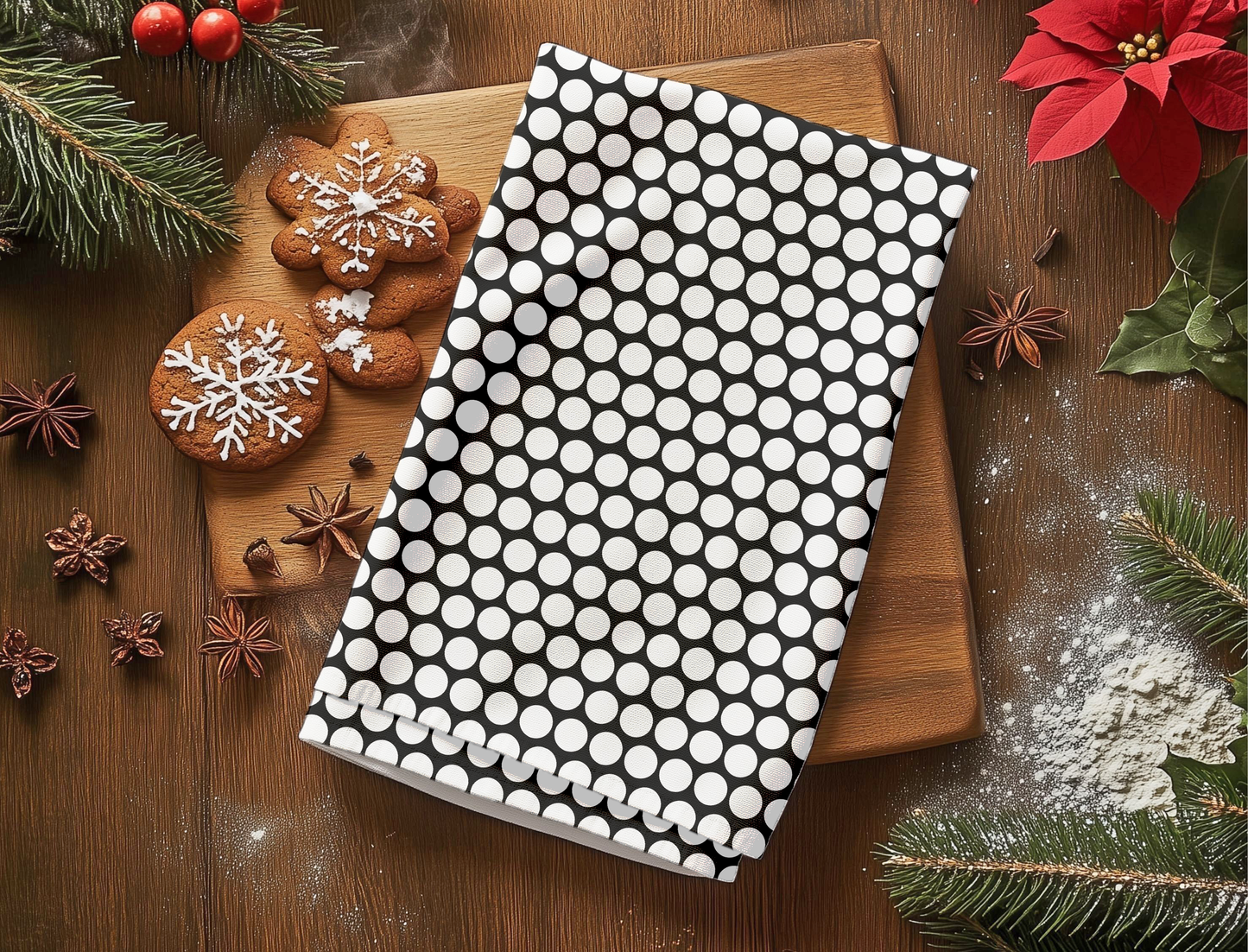 White Polka Dot on Black Holiday Hand Towel | Soft Cotton Back, Polyester Front, Festive Home Décor