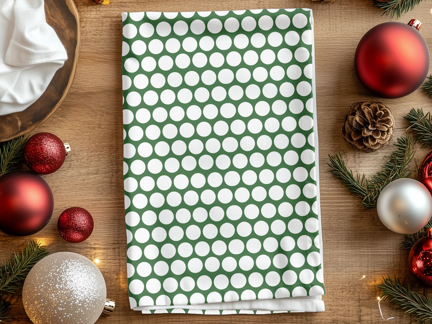White Polka Dot on Green Holiday Hand Towel | Soft Cotton Back, Polyester Front, Festive Home Décor
