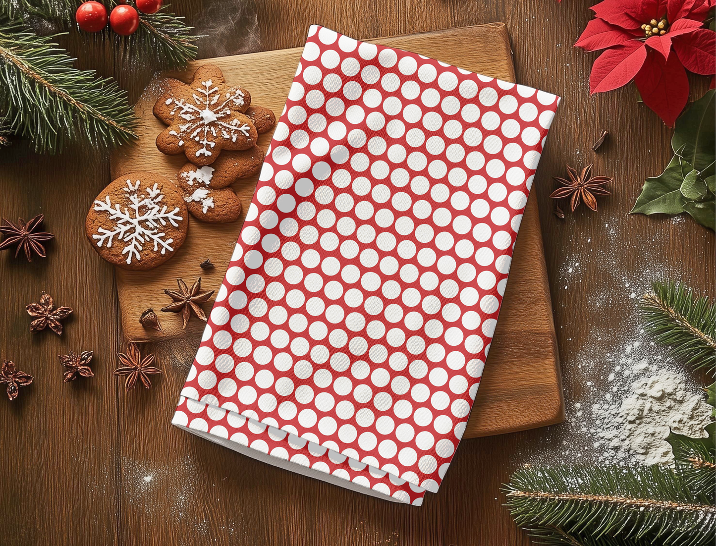 White Polka Dot on Red Holiday Hand Towel | Soft Cotton Back, Polyester Front, Festive Home Décor