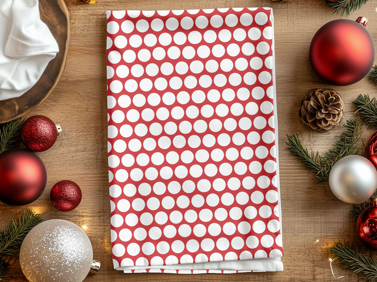 White Polka Dot on Red Holiday Hand Towel | Soft Cotton Back, Polyester Front, Festive Home Décor