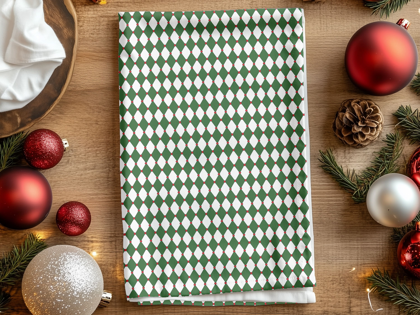 Nutcracker Drummer Green Argyle Christmas Hand Towel | Soft Cotton Back, Printed Polyester Front, Festive Kitchen/Bath Décor