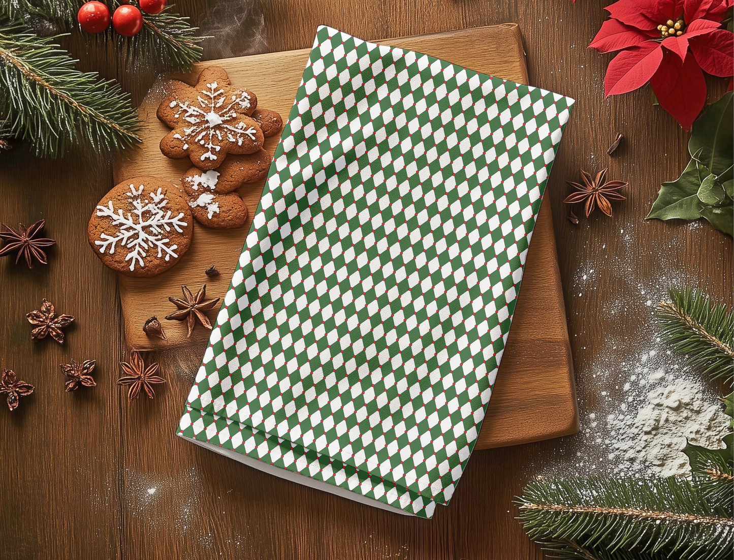 Nutcracker Drummer Green Argyle Christmas Hand Towel | Soft Cotton Back, Printed Polyester Front, Festive Kitchen/Bath Décor