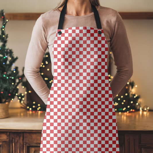 Red & White Check Holiday Apron | Lightweight 100% Polyester Twill, Detachable Black Twill Straps