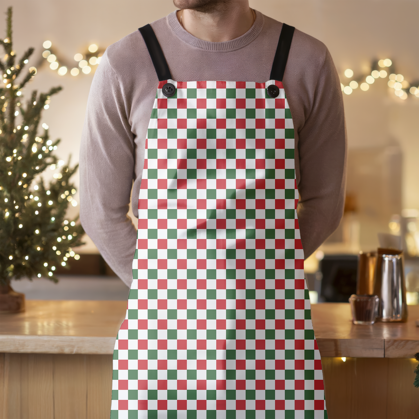 Red Green & White Gingham Holiday Apron | Lightweight 100% Polyester Twill, Detachable Black Twill Straps