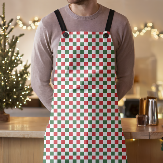 Red Green & White Gingham Holiday Apron | Lightweight 100% Polyester Twill, Detachable Black Twill Straps