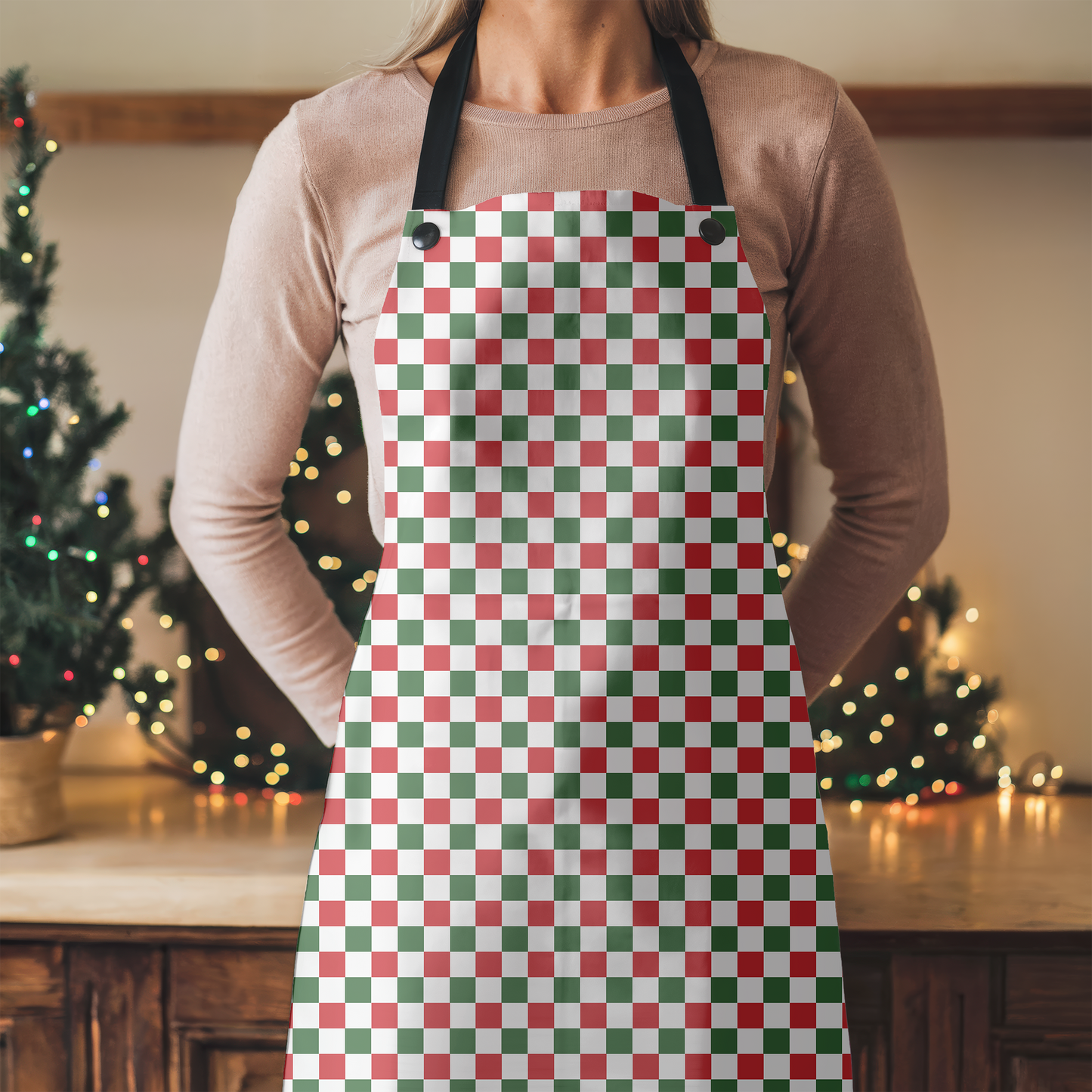 Red Green & White Gingham Holiday Apron | Lightweight 100% Polyester Twill, Detachable Black Twill Straps