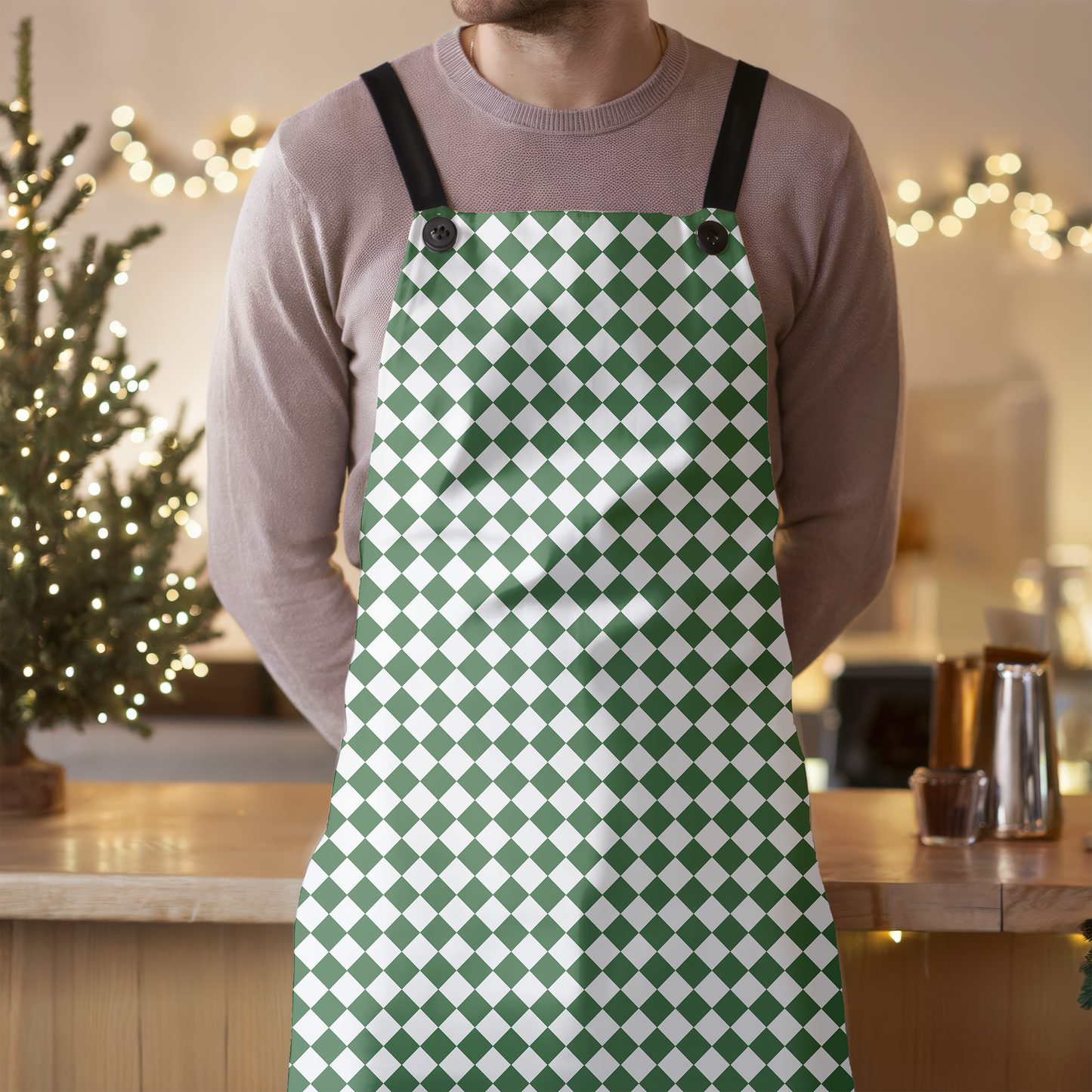 Green & White Argyle Holiday Apron | Lightweight 100% Polyester Twill, Detachable Black Twill Straps