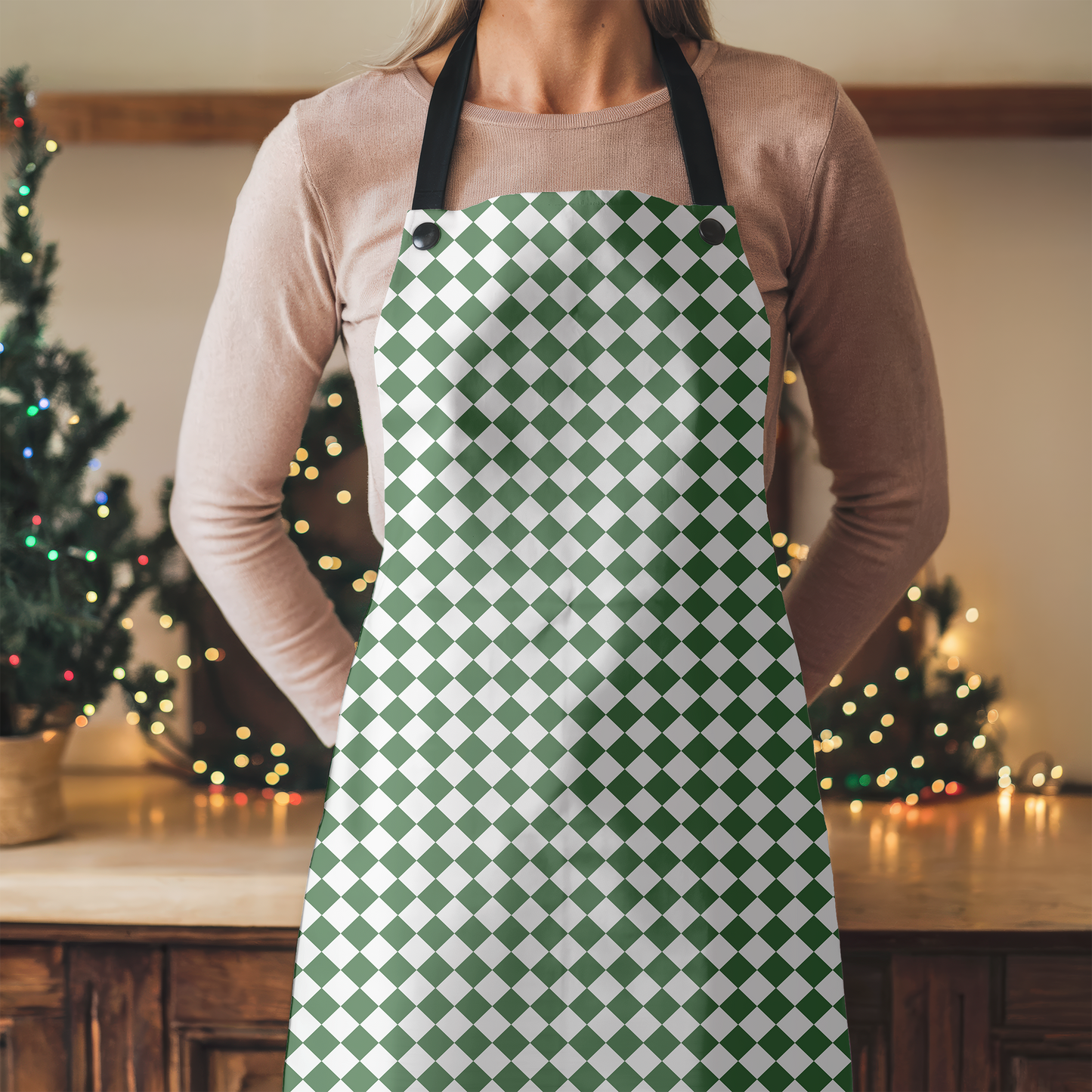 Green & White Argyle Holiday Apron | Lightweight 100% Polyester Twill, Detachable Black Twill Straps