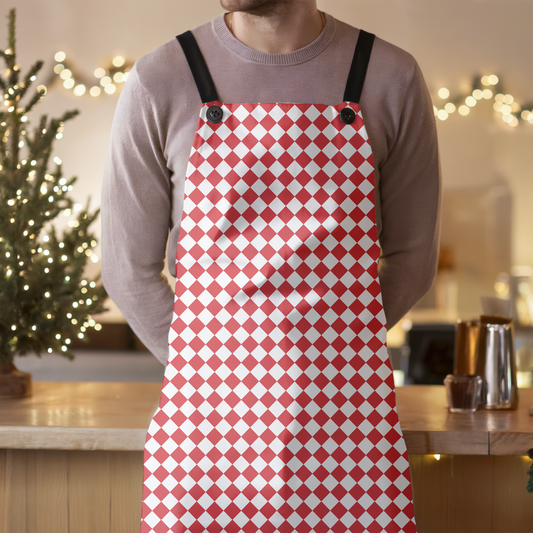 Red & White Argyle Holiday Apron | Lightweight 100% Polyester Twill, Detachable Black Twill Straps