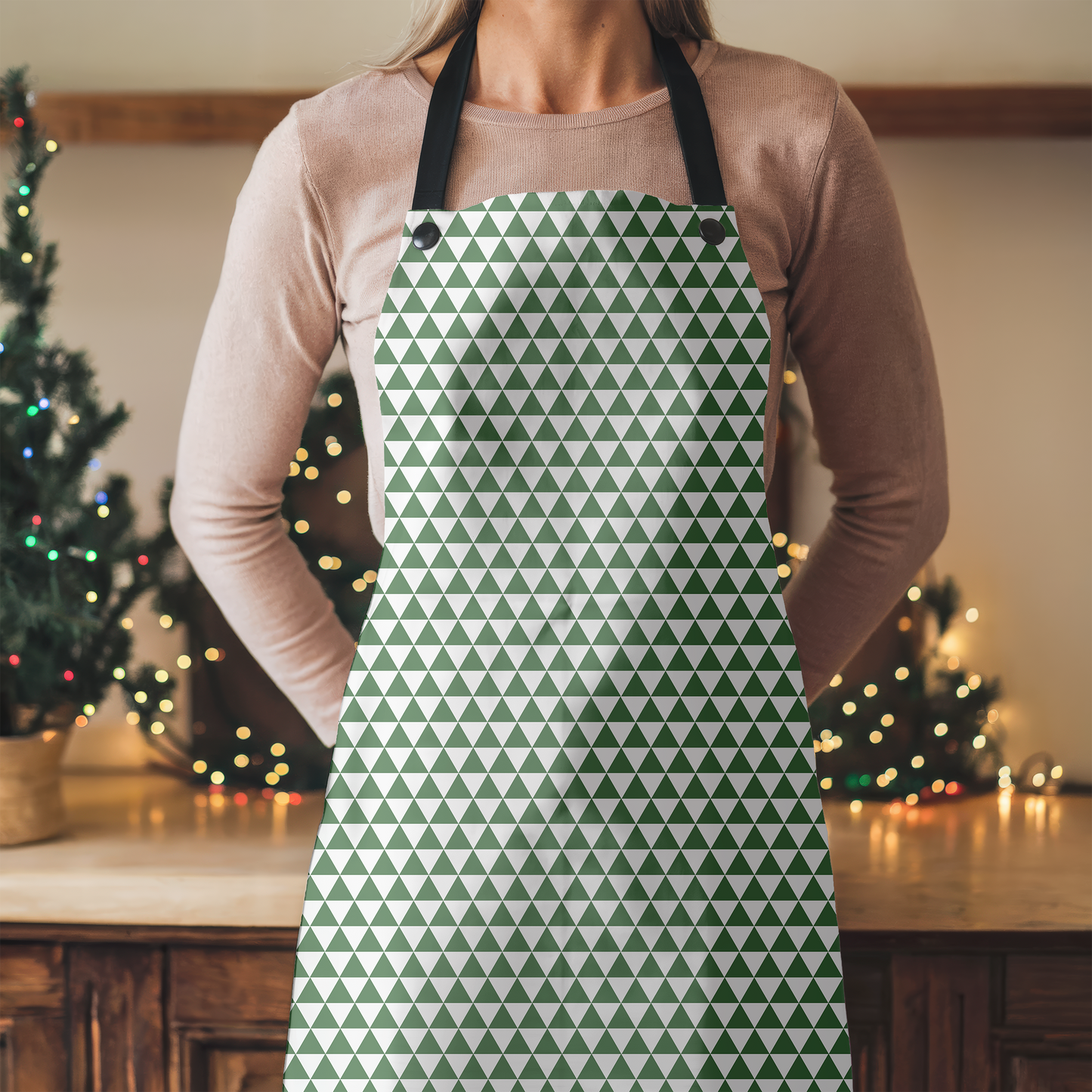 Green Triangle Holiday Apron | Lightweight 100% Polyester Twill, Detachable Black Twill Straps