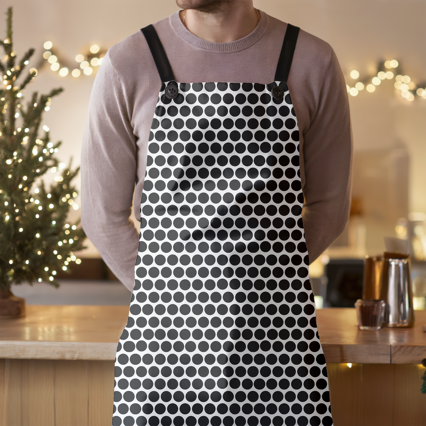 Black Polka Dot Holiday Apron | Lightweight 100% Polyester Twill, Detachable Black Twill Straps