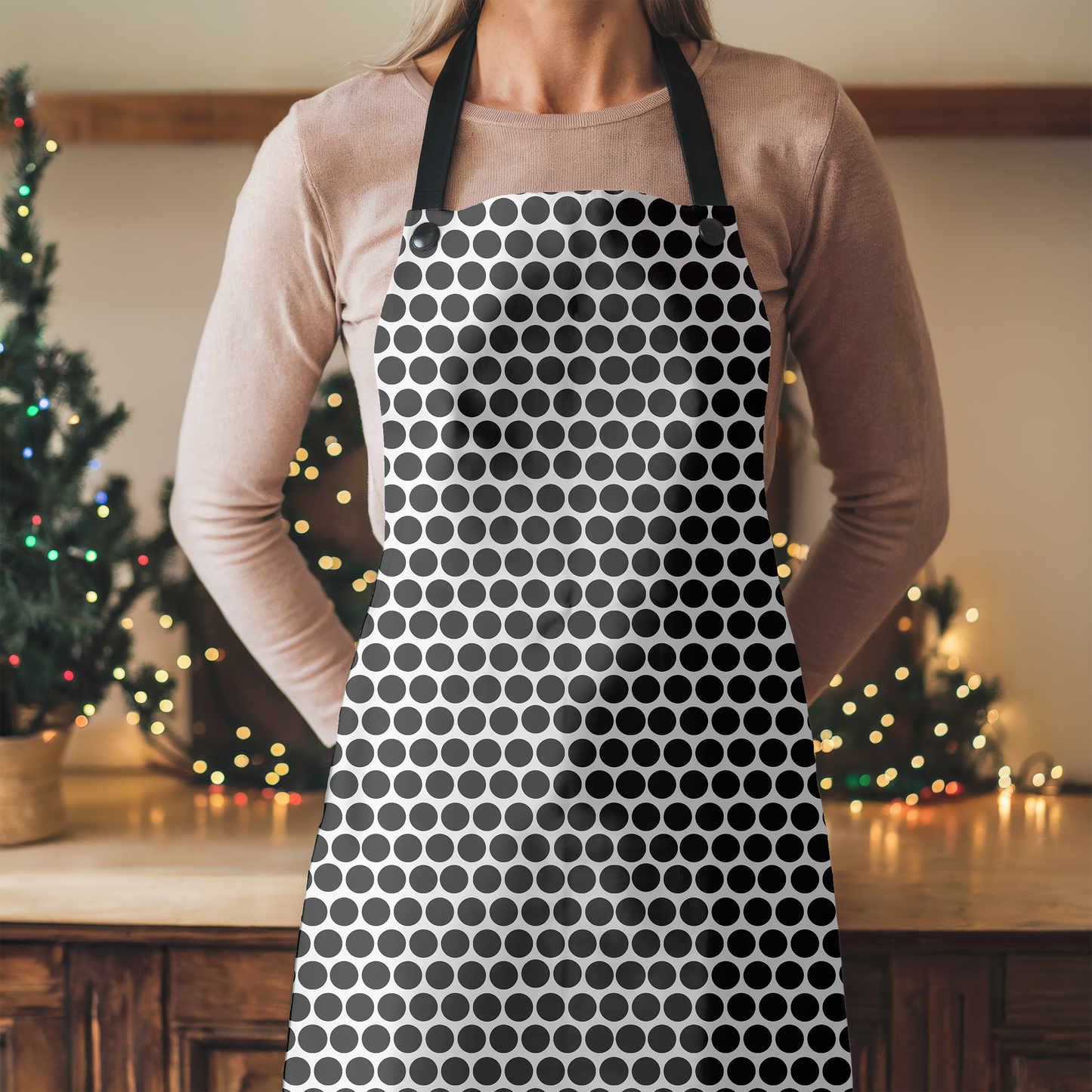Black Polka Dot Holiday Apron | Lightweight 100% Polyester Twill, Detachable Black Twill Straps