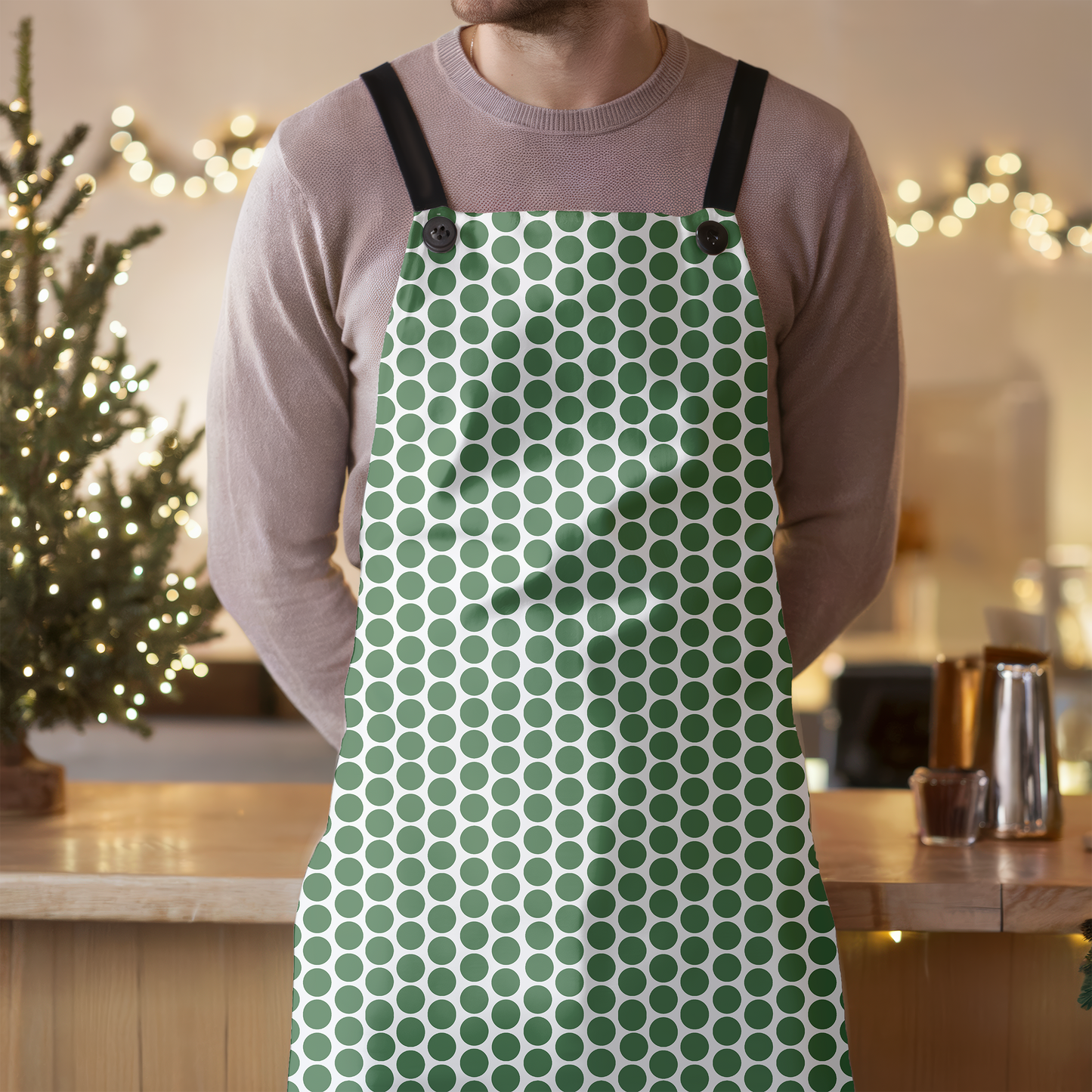Green Polka Dot Holiday Apron | Lightweight 100% Polyester Twill, Detachable Black Twill Straps