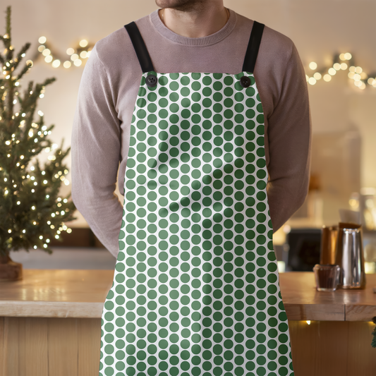 Green Polka Dot Holiday Apron | Lightweight 100% Polyester Twill, Detachable Black Twill Straps