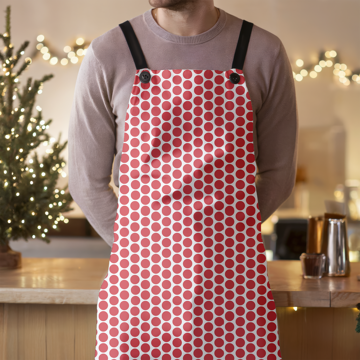 Red Polka Dot Holiday Apron | Lightweight 100% Polyester Twill, Detachable Black Twill Straps