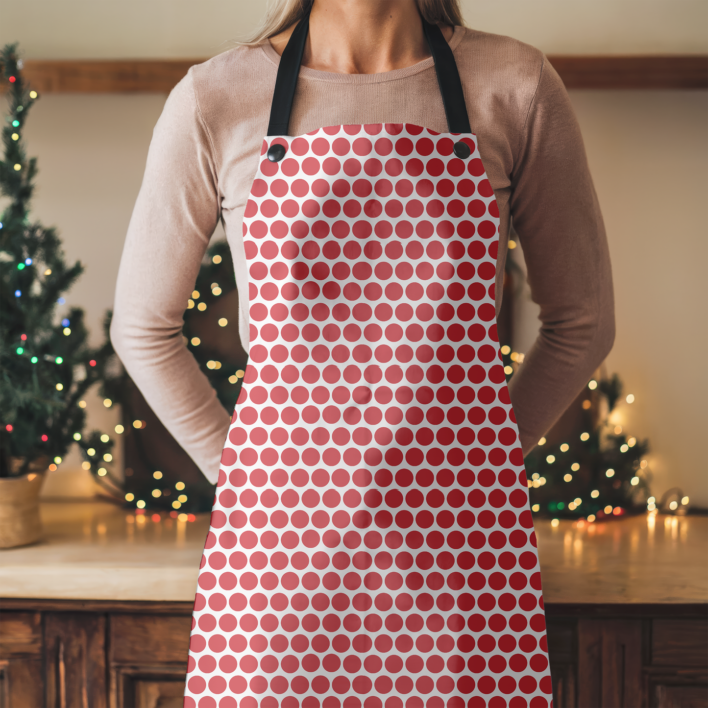 Red Polka Dot Holiday Apron | Lightweight 100% Polyester Twill, Detachable Black Twill Straps