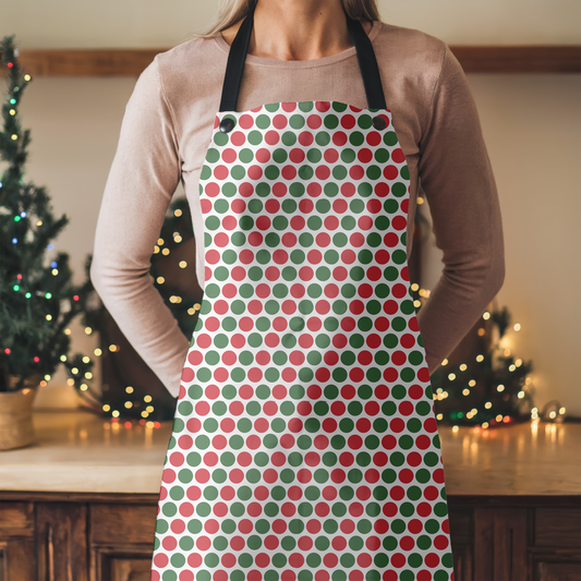 Red & Green Polka Dot Party Holiday Apron | Lightweight 100% Polyester Twill, Detachable Black Twill Straps