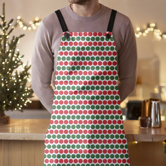 Red & Green Polka Dot Striped Holiday Apron | Lightweight 100% Polyester Twill, Detachable Black Twill Straps