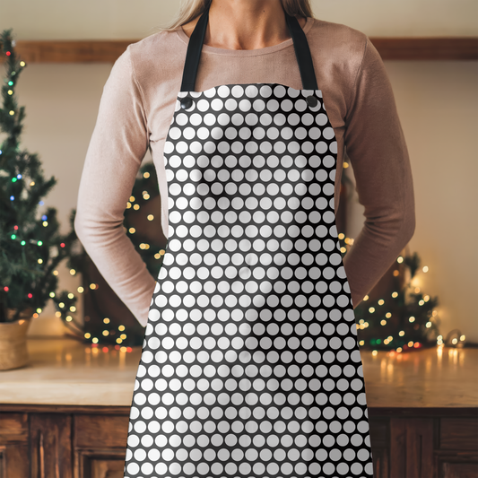 White Polka Dot on Black Holiday Apron | Lightweight 100% Polyester Twill, Detachable Black Twill Straps